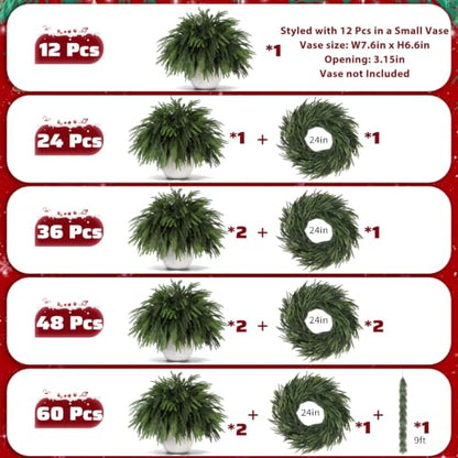 36 Pcs Artificial Norfolk Pine Branches - 17.7 Inch Holiday Greenery Stems