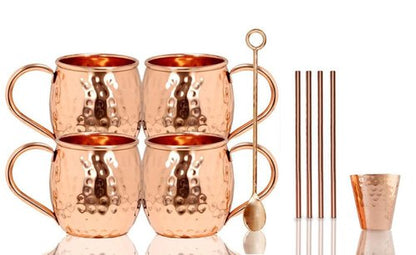 BOLD & DIVINE Moscow Mule Mugs - Set of 4-100% Pure Copper Mugs Large 16 oz - Food Safe - Premium Moscow Mule Cups Set of 4 | BONUS 4 Straws, 1 Shot Glass, 1 Spoon