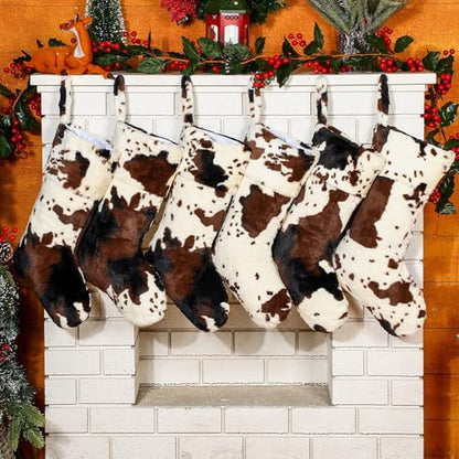 6 Pcs 20-Inch Faux Fur Christmas Stockings with Cowprint Design
