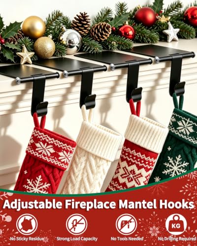 Christmas Stocking Holders for Mantle - Black 4 Pack, No-Damage Adhesive Hooks