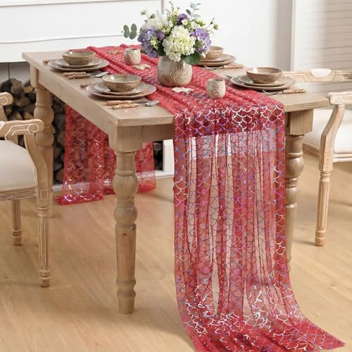 Red Colorful Mermaid Gauze Tablecloth 60x84 Inches Rectangular Glitter Mesh for Wedding Party