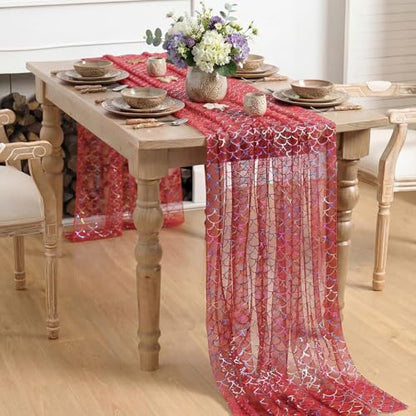Red Colorful Mermaid Gauze Tablecloth 60x84 Inches Rectangular Glitter Mesh for Wedding Party