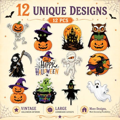 12PCS Large Vintage Halloween Cardboard Cutouts Set - Ghosts, Pumpkins, Witches & Skeletons