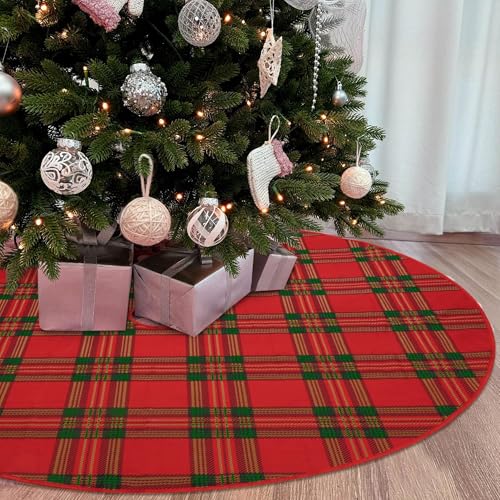 48 Inch Red Green Tartan Plaid Christmas Tree Skirt - Rustic Holiday Decor