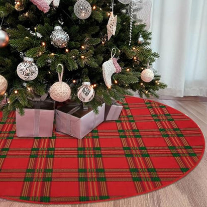 48 Inch Red Green Tartan Plaid Christmas Tree Skirt - Rustic Holiday Decor