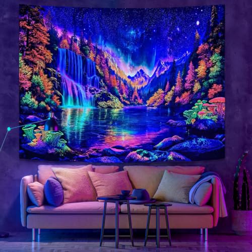 Blacklight Nature Forest Mountain Waterfall Tapestry 48x36 Inch - Purple Fluorescence