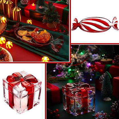 Glass Christmas Candy Dish Set with Lid and Platter - Peppermint Theme