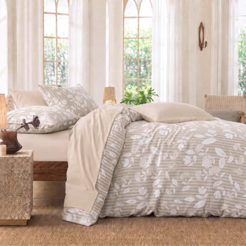 Queen Size Floral Comforter Set 3 Pieces Cotton Bedding - Beige Leaf Stripe