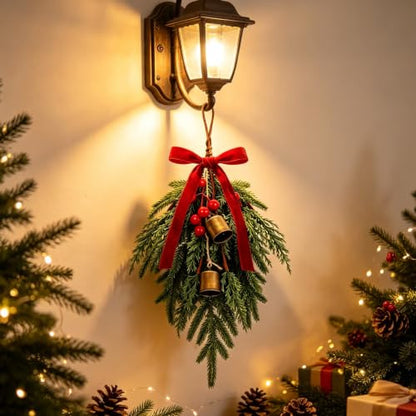 Christmas Teardrop Swag Set with Bows - 6 Mini Norfolk Pine & Cedar Decor with Bells - Red/6 Variation