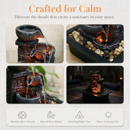 Tabletop Water Fountain with 3 Warm LED Lights, Soothing Water Flow for Relaxation