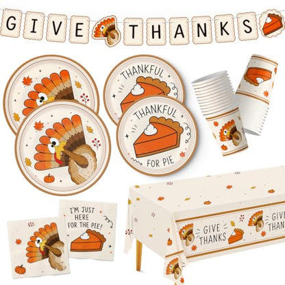 Thanksgiving Party Supplies Kit with Plates, Cups, Napkins, Tablecloth & Banner