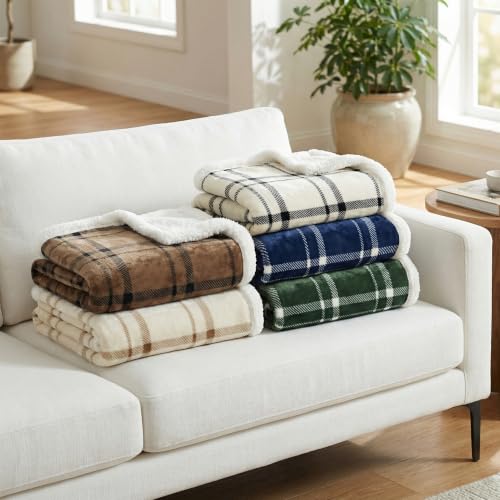 Cream Fleece Sherpa Throw Blanket 60x80 Inches Tattersall Design