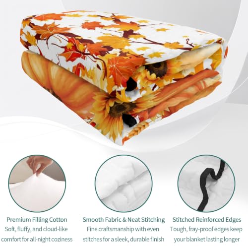 Orange Thanksgiving Twin XL Quilt Set with Pumpkins and Maple Leaves - All Season Bedding with Pillowcases