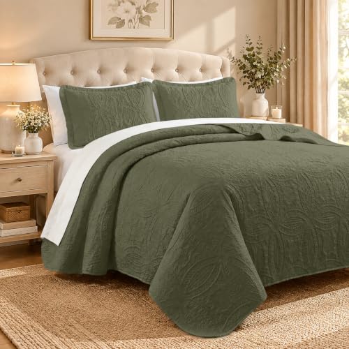 Olive Green Queen Quilt Set Lightweight Bedspread with Pillow Shams