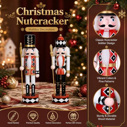 2-Piece 12-Inch Wooden Christmas Nutcracker Decor Set - Checkered Soldier Figures