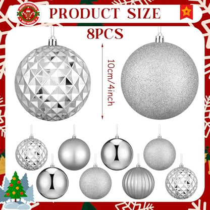 Large Silver Christmas Ball Ornaments Set - 8 Pieces, 4 Inch Holiday Decor