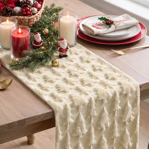 Beige Christmas Tree Table Runner 13x72 Inch Faux Fur Jacquard Holiday Decor