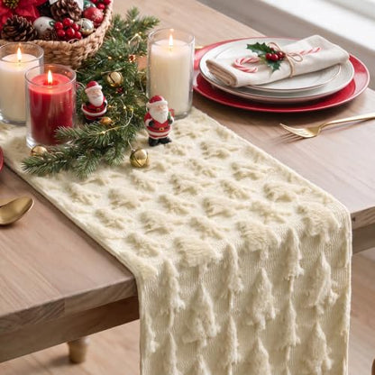 Beige Christmas Tree Table Runner 13x72 Inch Faux Fur Jacquard Holiday Decor