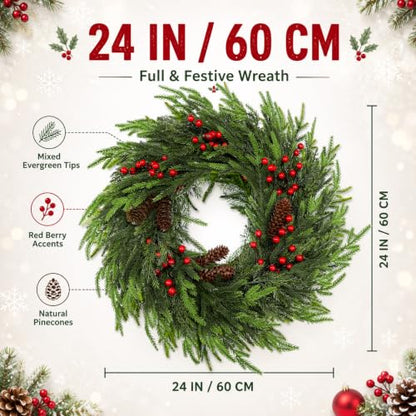 24 Inch Christmas Wreath with Pine Cones and Red Berries for Front Door