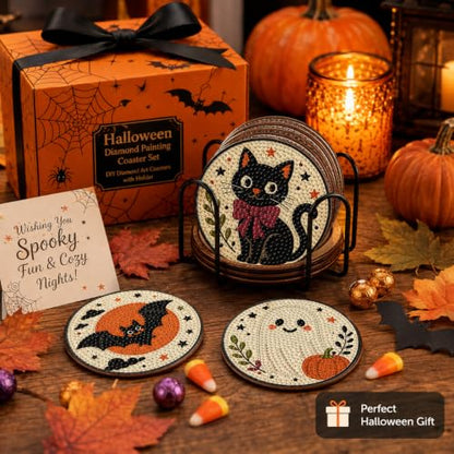 Halloween Diamond Art Coasters Set with Holder - Ghost Pumpkin Black Cat - DIY Wooden Craft Kit - Halloween Decorations & Gifts - Halloween-2