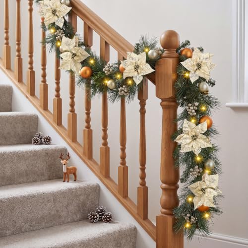 6ft Christmas Garland with Lights - Natural Pine Branches, Berries & Poinsettias - Style3