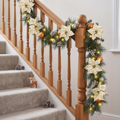 6ft Christmas Garland with Lights - Natural Pine Branches, Berries & Poinsettias - Style3