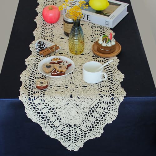 Kilofly Handmade Crochet Cotton Lace Table Runner - Beige 15.7 x 43.3 Inch