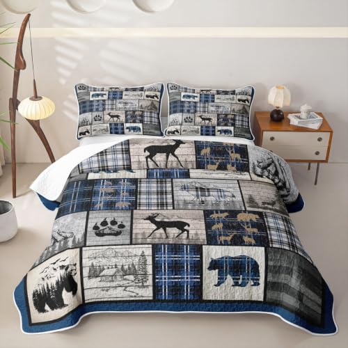 Feelyou Rustic Cabin Quilt Set for All Season Queen Size Blue Gray Bear Deer Wildlife Bedding