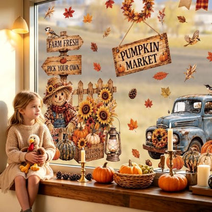 Fall Window Clings Set - Harvest Decor with Pumpkin Truck & Scarecrows