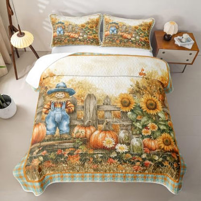 Castle Fairy Fall Scarecrow Quilted Bedspread Set Queen Size Orange Green - 3 Pieces