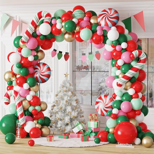 Christmas Balloon Garland Kit - Red, Green, Pink, Gold for Holiday Party Decorations