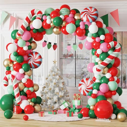 Christmas Balloon Garland Kit - Red, Green, Pink, Gold for Holiday Party Decorations