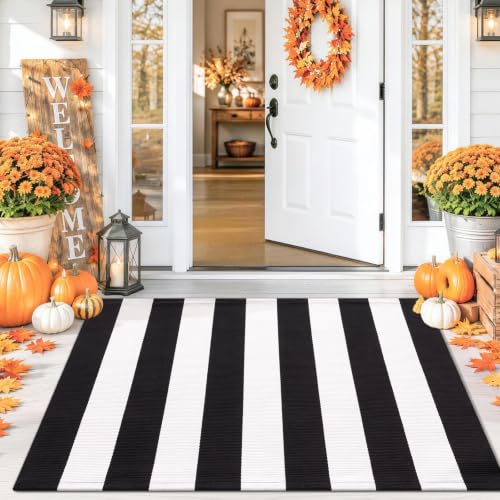Black White Striped Entryway Rug - 2'4 x 3'7 Front Door Mat - Farmhouse Style