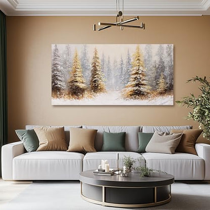 Vintage Wall Art Canvas 58x29 Inches Christmas Tree Landscape Abstract Gold Frame - Yellow White
