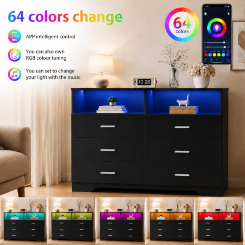 Black 6-Drawer Dresser with LED Lights & Power Outlets - Wooden Bedroom Storage