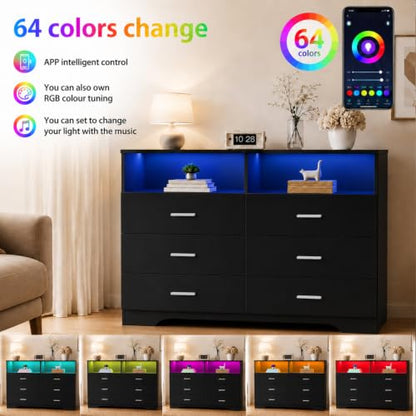 Black 6-Drawer Dresser with LED Lights & Power Outlets - Wooden Bedroom Storage