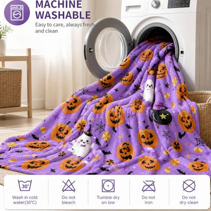 Halloween Throw Blanket Soft Flannel Ghost Pumpkin Decor for Couch Bed - Purple Pumpkin & Ghosts 40x50
