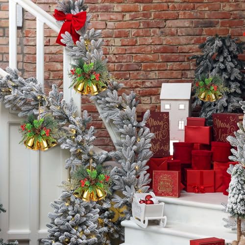 Christmas Bell Hanging Ornaments Set - Gold Rustic Metal Decor with Berries, 8.7" - 2 Pieces