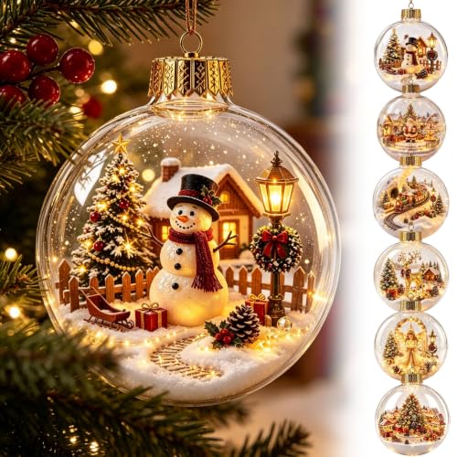12pcs Glowing Christmas Ornaments Mini Gold Light-Up Holiday Decor with Scene Inside