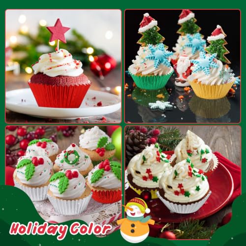 Christmas Cupcake Liners 200 Pack - Red Green Gold Silver Foil Baking Cups for Holiday Baking