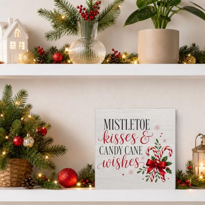 Christmas Candy Cane Mistletoe Wooden Sign - Wishes Holiday Table Decor