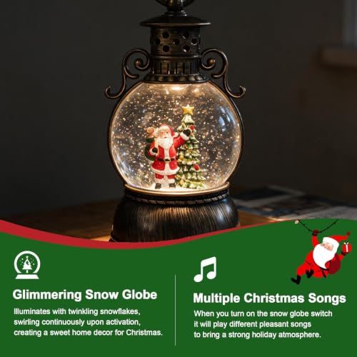 Christmas Snow Globe Lantern with Music & LED Lights - Santa Scene, USB & Battery Powered