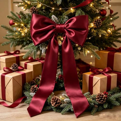 Large Satin Christmas Tree Topper Bow - Wine Red Holiday Decoration