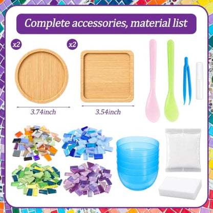 DIY Mosaic Coaster Kit with Glass Tiles and Wooden Coasters - 4 Pieces