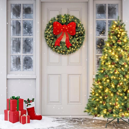 Large Artificial Christmas Wreath 30 Inch with 130 LED Lights and Red Bow - Indoor Outdoor Holiday Decor