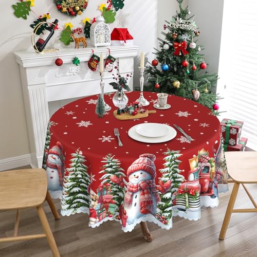 Christmas Round Tablecloth 70 Inches - Snowman Xmas Table Decor, Red Variation