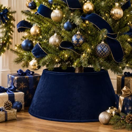 Navy Blue Velvet Christmas Tree Collar - 24 Inch Tree Base Cover - Skylety