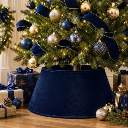 Navy Blue Velvet Christmas Tree Collar - 24 Inch Tree Base Cover - Skylety