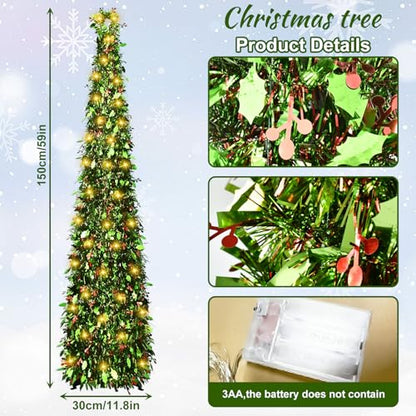 Collapsible 5ft Artificial Christmas Tree with LED String Lights - Red-Berry & Harry-Leaf Variation