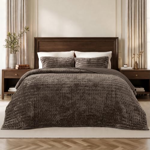 Bedsure Velvet Quilt Set King Size - Brown Luxury Bedspread with Pillow Shams